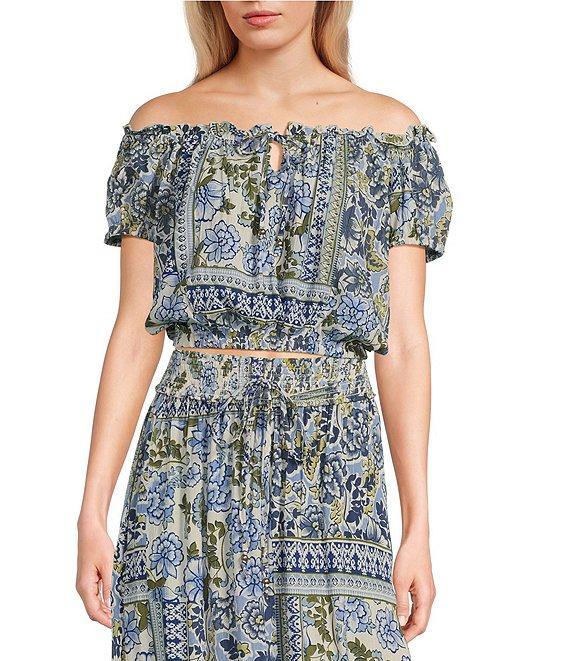Angie Patch Print Off-The-Shoulder Cap Sleeve Crop Top Product Image