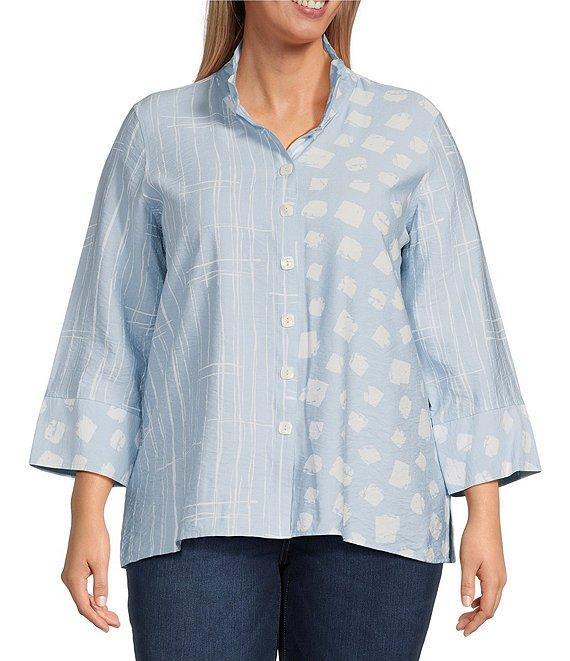 Ali Miles Plus Size Woven Printed Wire Collar 3/4 Sleeve Button-Front Tunic Product Image