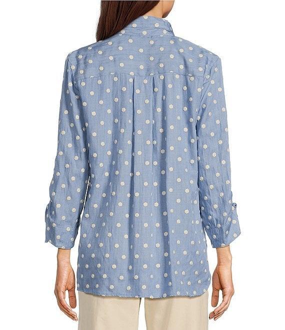 John Mark Embroidered Dot Wire Collar Ruched Cinch Tie 3/4 Sleeve Button Front Blouse Product Image
