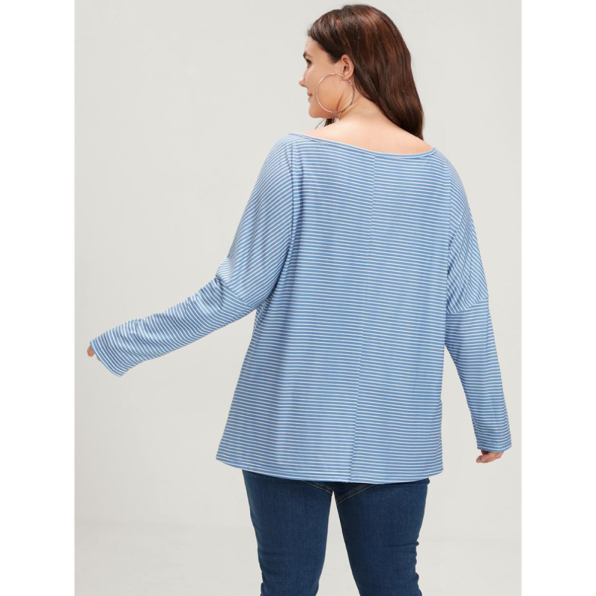 Plus Size Striped Print Scoop Neck Long Tee Blue Women Casual Striped Scoop Neck Loose Dailywear T-shirts BloomChic 30/6X Product Image