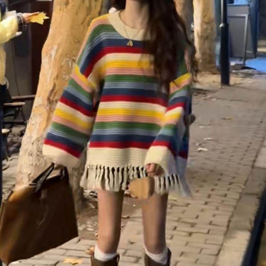 Round Neck Rainbow Striped Fringed Sweater Product Image