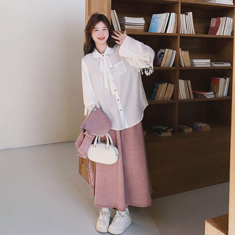 Set: Long Sleeve Collared Plain Bow Panel Blouse + V-Neck Washed Tie Front Wrap Denim Vest + High Rise Maxi A-Line Skirt Product Image