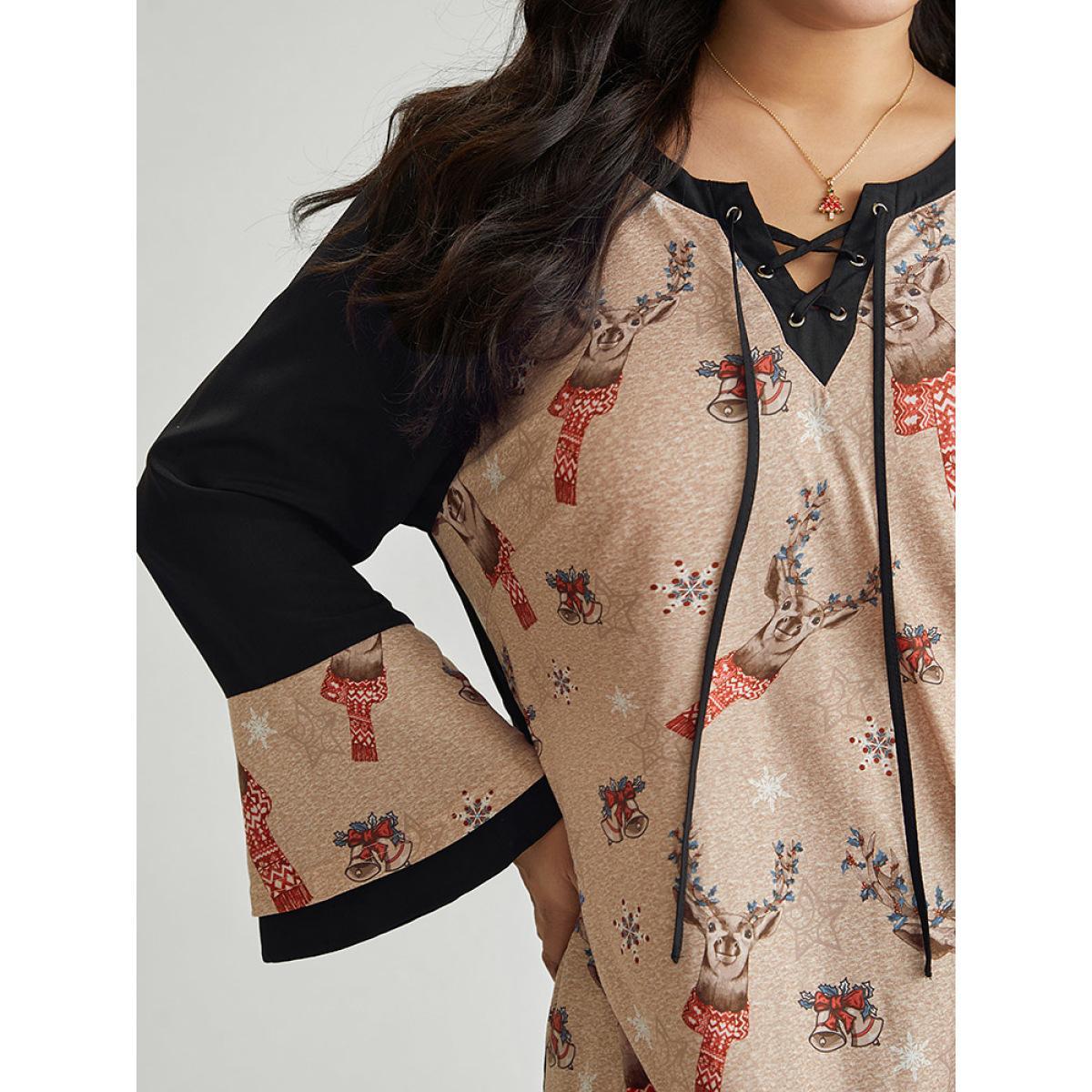 Plus Size Black Christmas Print Ruffles Patchwork Bell Sleeve Lace Up Blouse Women Elegant Long Sleeve Tie Neck Festival-Christmas Blouses BloomChic 30/6X Product Image