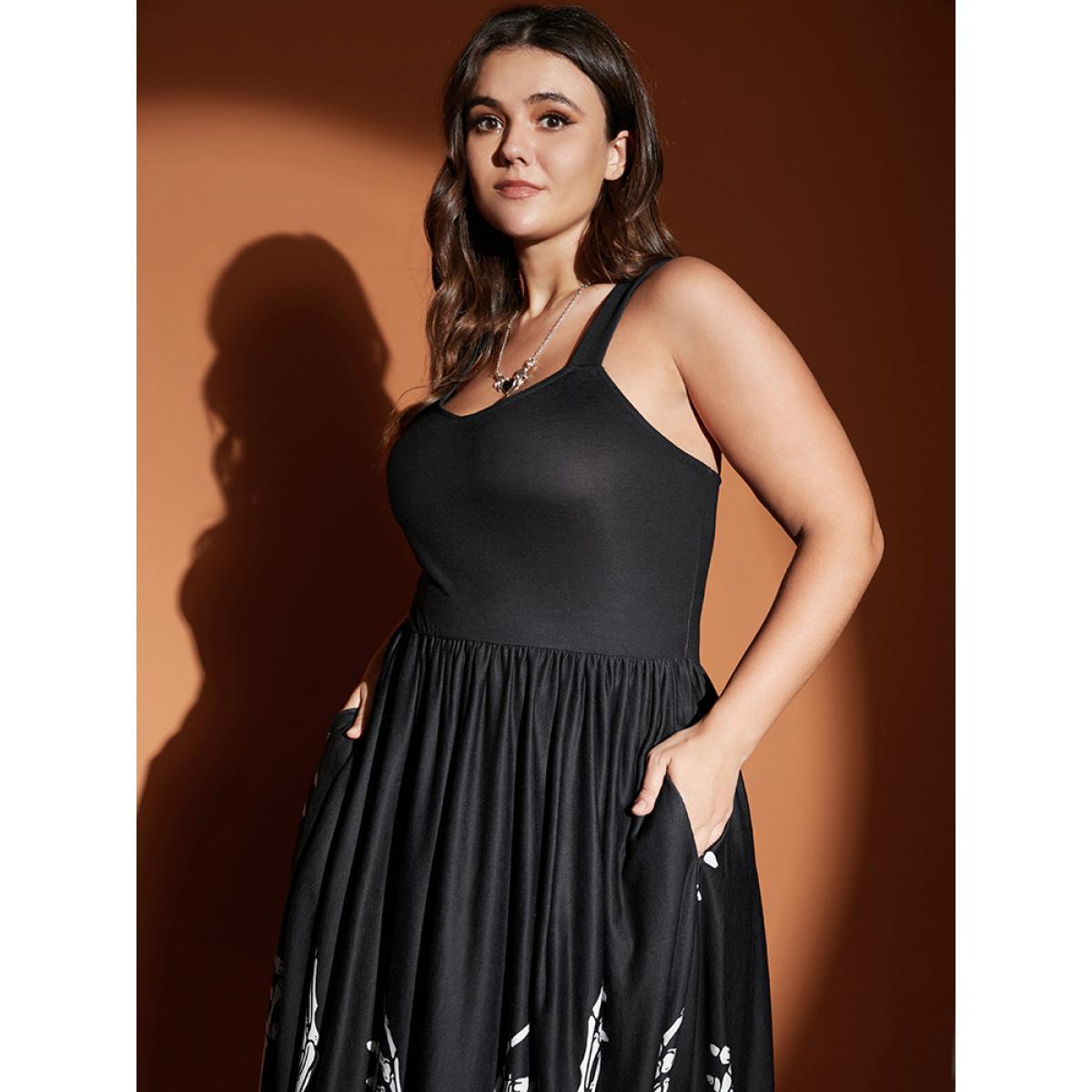 Plus Size Halloween Skeleton Print Pocket Flutter Hem Cami Dress Black Women Elegant Pocket Spaghetti Strap Sleeveless Curvy Midi Dress BloomChic 14-16/1X Product Image