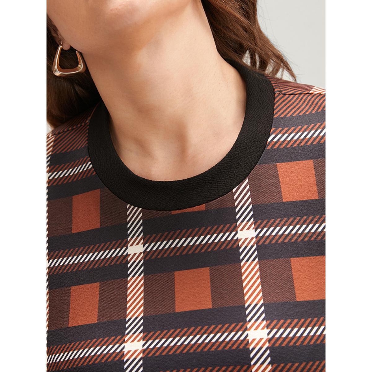Plus Size Plaid Patchwork Round Neck Lantern Sleeve Pocket Midi Dress Tan Women Casual Patchwork Round Neck Long Sleeve Curvy Midi Dress BloomChic 18-20/2X Product Image