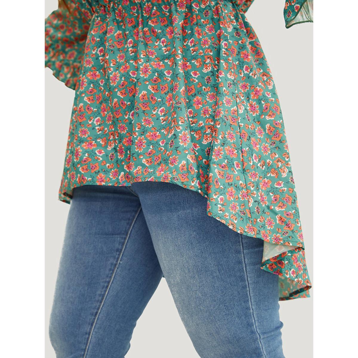 Plus Size Emerald Ditsy Floral Ruffle Sleeve Notched High Low Hem Blouse Women Elegant Short sleeve Notched collar Dailywear Blouses BloomChic 30/6X Product Image