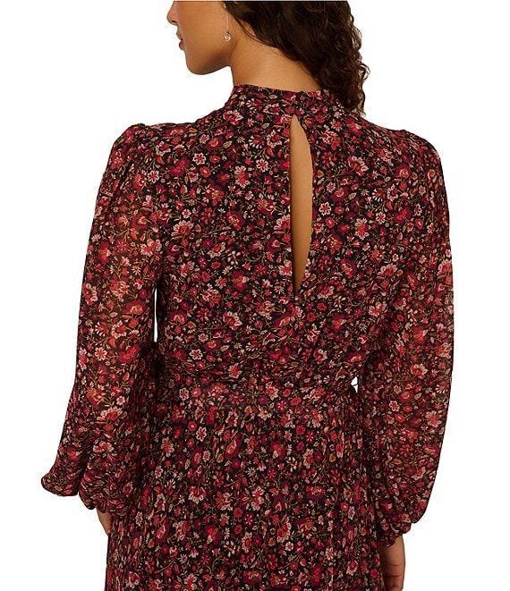 Adrianna Papell Floral Print Chiffon Long Bubble Sleeve Midi Dress Product Image