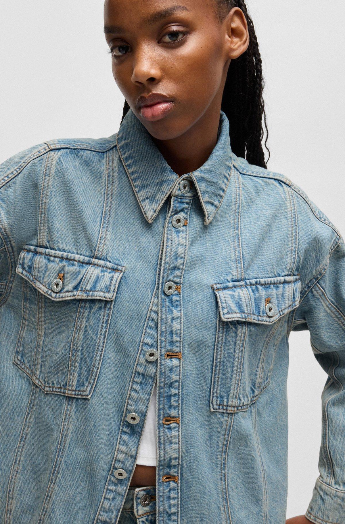 HUGO - Long-length blue-denim shirt with patch pockets - Blue Product Image