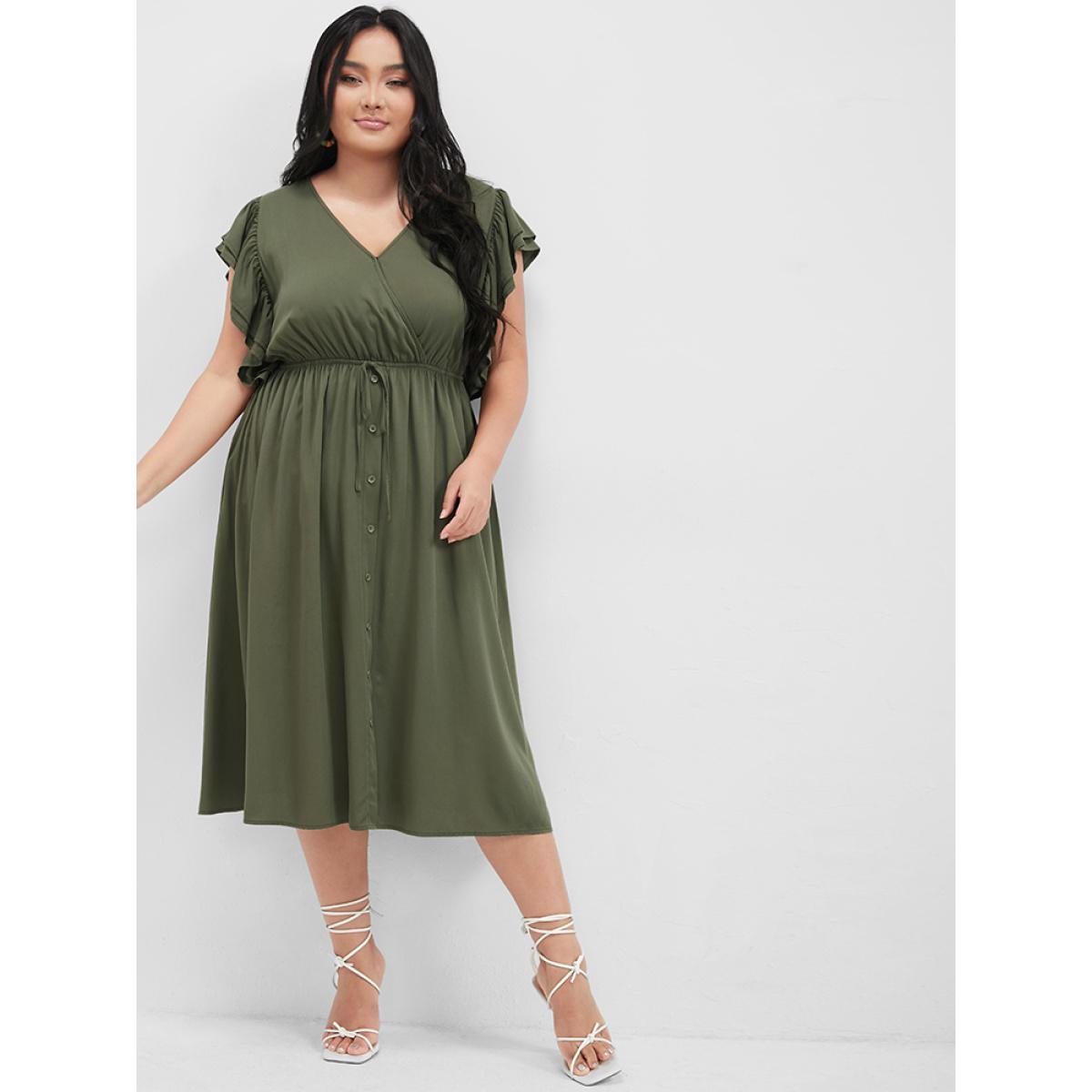 Plus Size Solid Ruffles Button Ties Pocket Midi Dress ArmyGreen Women Elegant Plain V-neck Cap Sleeve Curvy Knee Dress BloomChic 30/6X Product Image