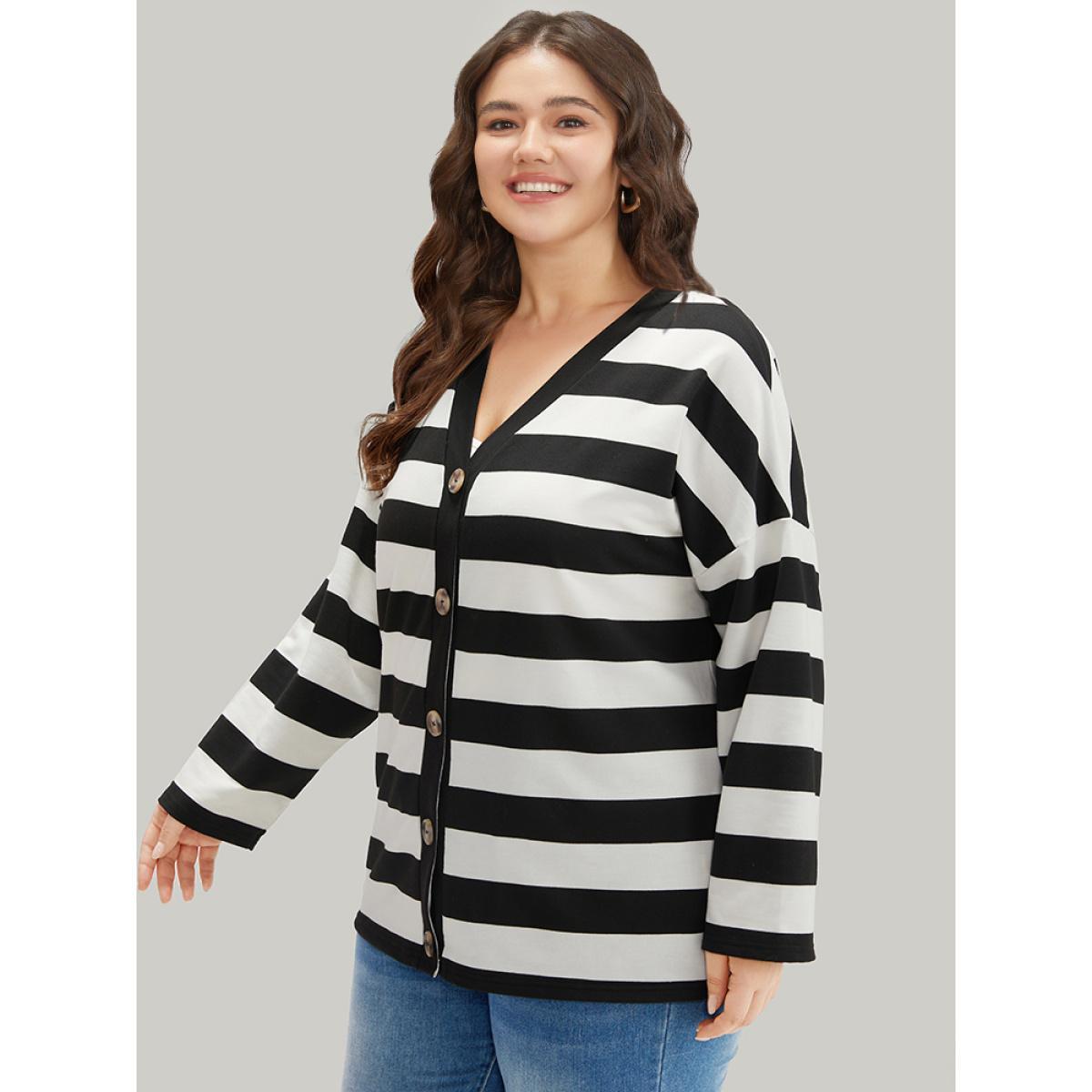 Plus Size Halloween Striped Button Through Jacket Women Black Casual Contrast Ladies Dailywear Winter Coats BloomChic 30/6X Product Image