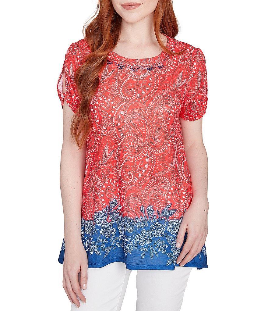 Ruby Rd. Soft Jersey Embellished Printed Scoop Neck Short Cut-Out Sleeve Top Product Image