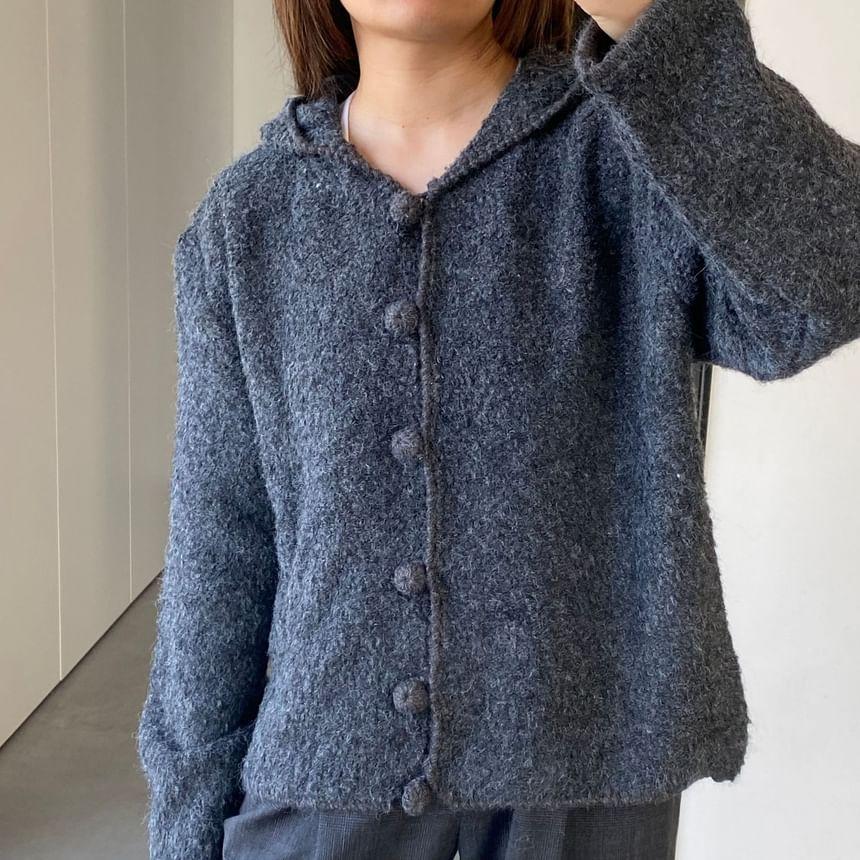 Hooded Plain Fluffy Button Cardigan Product Image