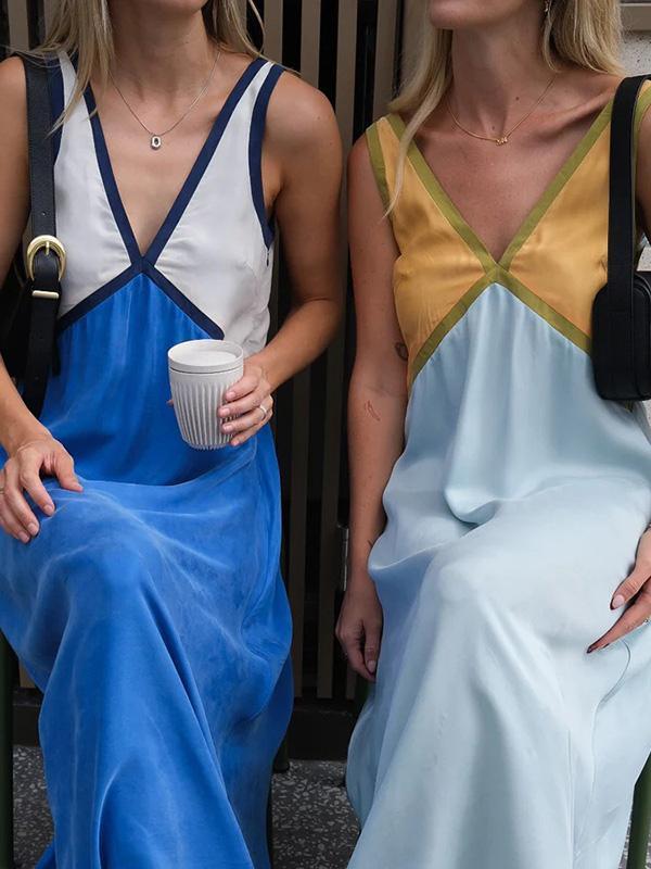 Loose Sleeveless Contrast Color Split-Joint Deep V-Neck Maxi Dresses Product Image