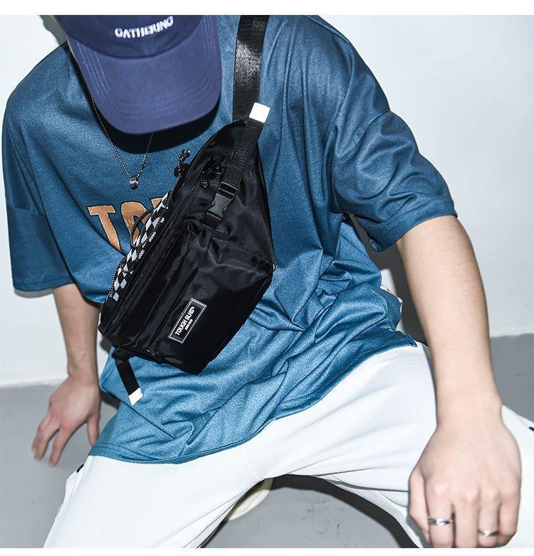 Set: Checkered Panel Drawstring Sling Bag + Bag Charm Product Image