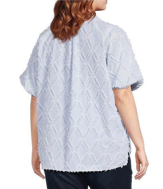 Ali Miles Plus Size Yarn-Dye Clipped Jacquard Printed Point Collar Short Sleeve Button Front Shirt Product Image