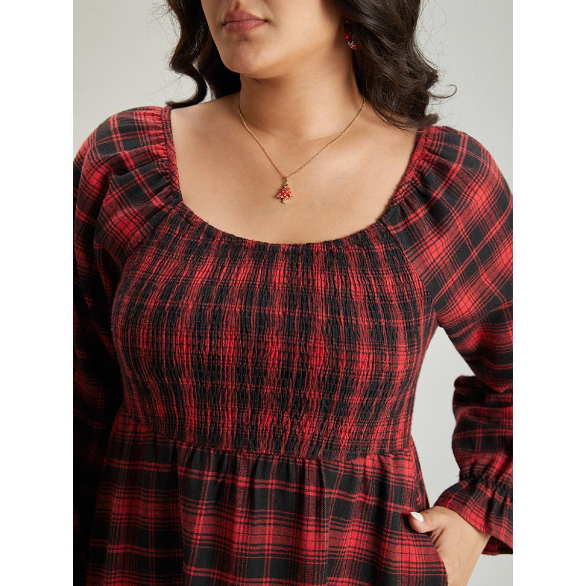 Plus Size Plaid Shirred Pocket Ruffle Trim Midi Dress Raspberry Women Elegant Gathered Square Neck Long Sleeve Curvy Midi Dress BloomChic 26/4X Product Image
