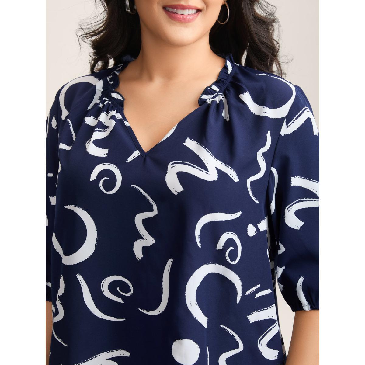 Plus Size Indigo Scribble Print Ruffled Split Neck Blouse Women Elbow-length sleeve Notched collar Work Blouses BloomChic 26/4X Product Image
