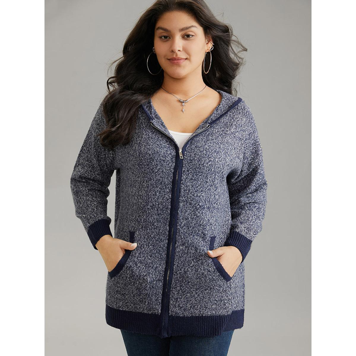 Plus Size Supersoft Essentials Contrast Trim Heather Pocket Zipper Cardigan Midnight Women Casual Loose Long Sleeve Dailywear Cardigans BloomChic 30/6X Product Image