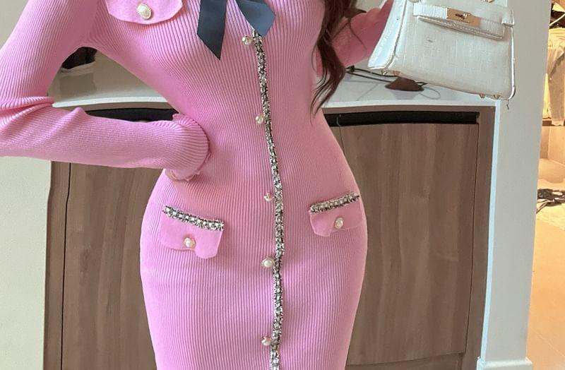 Long-Sleeve Round Neck Contrast Trim Faux Pearl Ribbed Mini Sheath Knit Dress Product Image