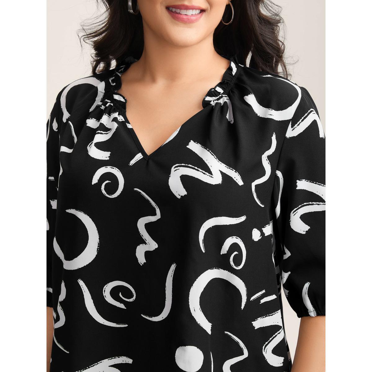 Plus Size Black Scribble Print Ruffled Split Neck Blouse Women Elbow-length sleeve Notched collar Work Blouses BloomChic 18-20/2X Product Image