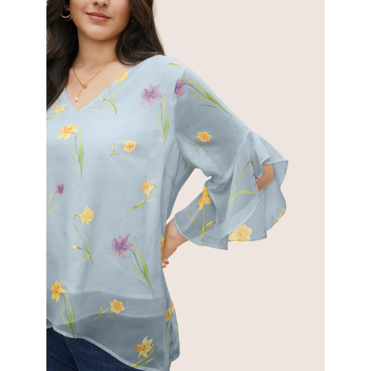 Plus Size Stone Floral Tiered Mesh Asymmetrical Hem Blouse Women Elegant Everyday Blouses BloomChic 10/M Product Image
