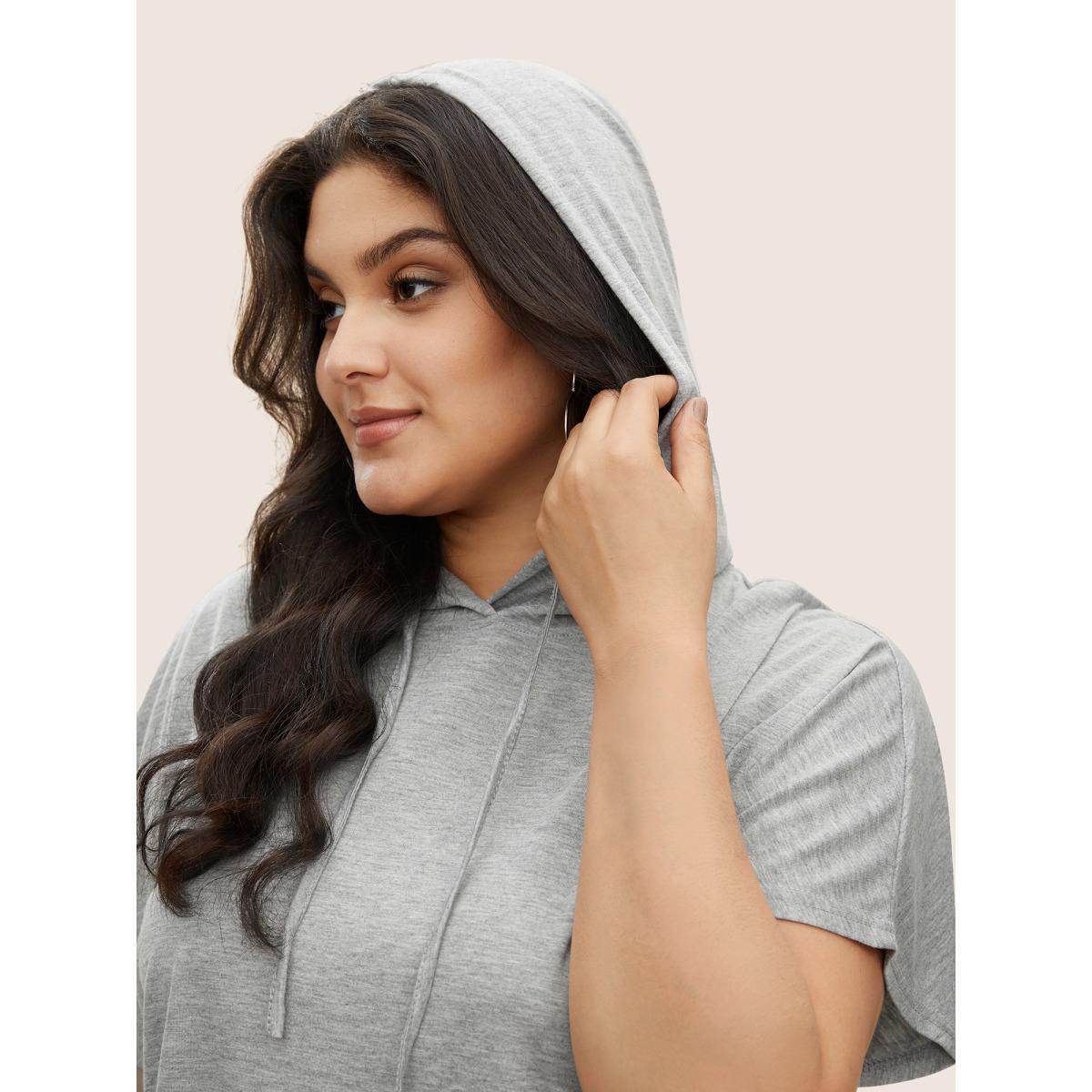 Plus Size Solid Batwing Sleeve Drawstring Hooded T-shirt Gray Women Casual Drawstring Plain Hooded Everyday T-shirts BloomChic 14-16/1X Product Image