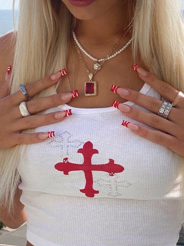 Rhinestone Cross Rib Cropped Tank Top Product Image