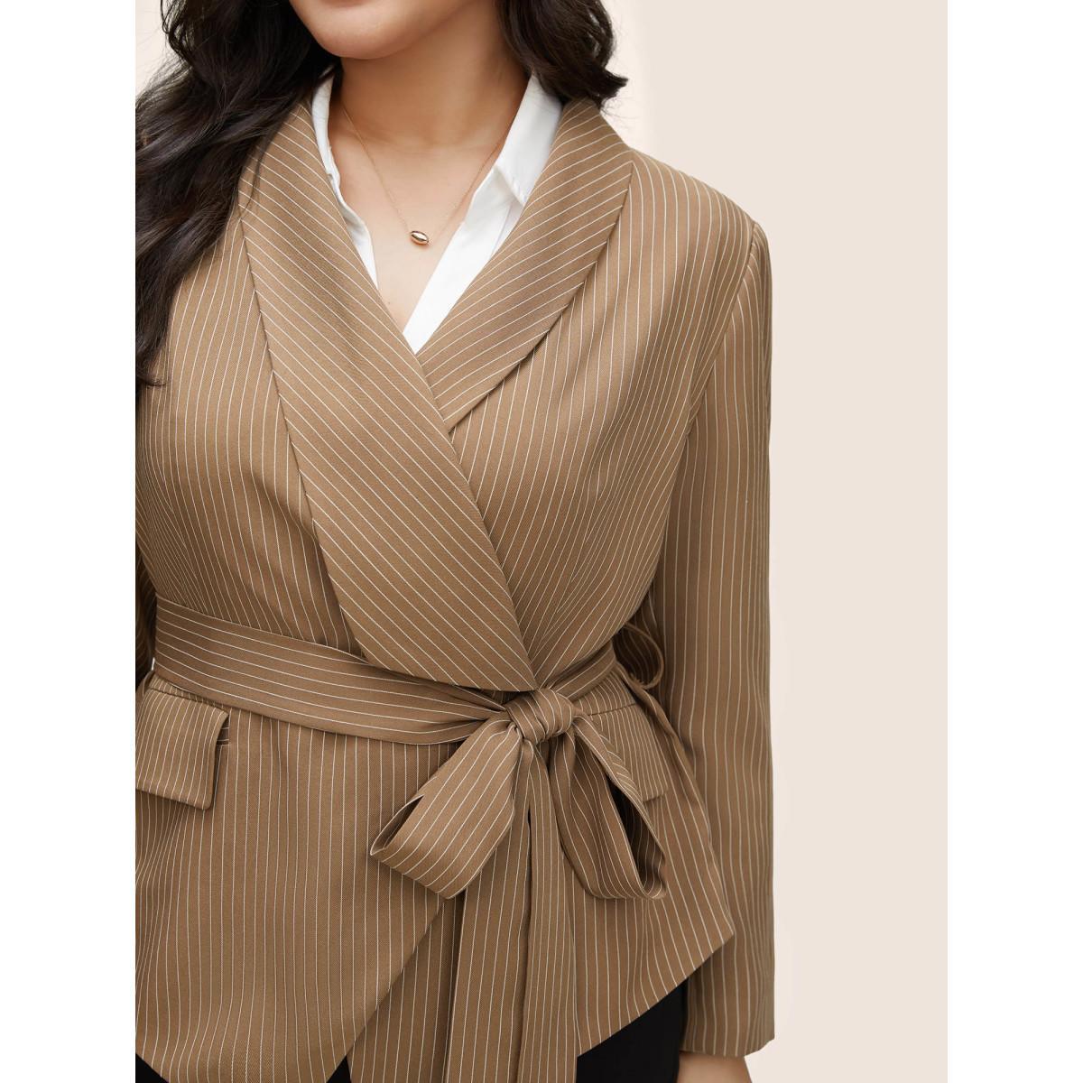 Plus Size Striped Asymmetrical Hem Belted Flap Pocket Blazer Bronze Women Work Striped Non Sleeve Long Sleeve Suit Collar 30/6X Open pocket with flap Belt At the Office Blazers BloomChic Product Image