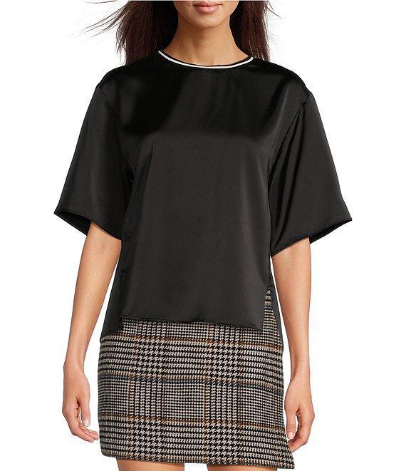 Le' AL.X Woven Satin Contrast Trim Crew Neck Dropped Short Sleeve Side Split Hem Hi-Low Blouse Product Image