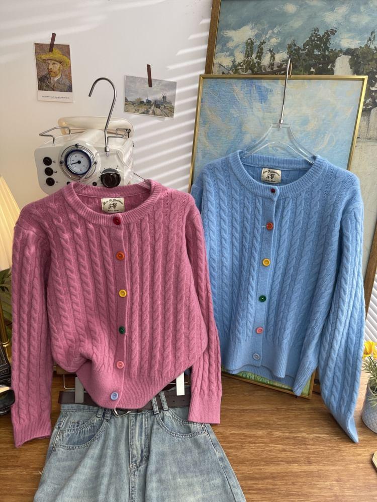 Crew Neck Plain Cable Knit Button-Up Cardigan Product Image