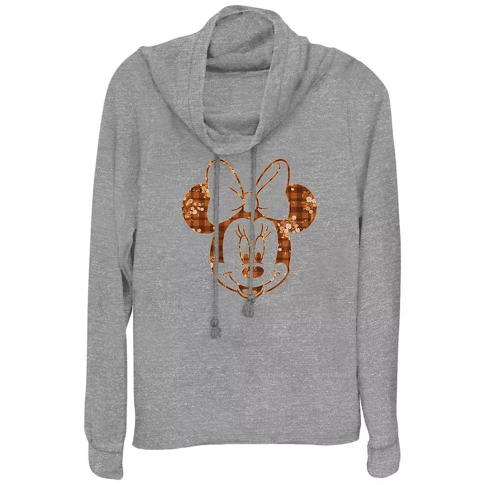 Disney's Minnie Mouse Plaid Floral Print Women's Cowlneck Graphic Lightweight Long Sleeve, Size: Small, Gray Grey Product Image
