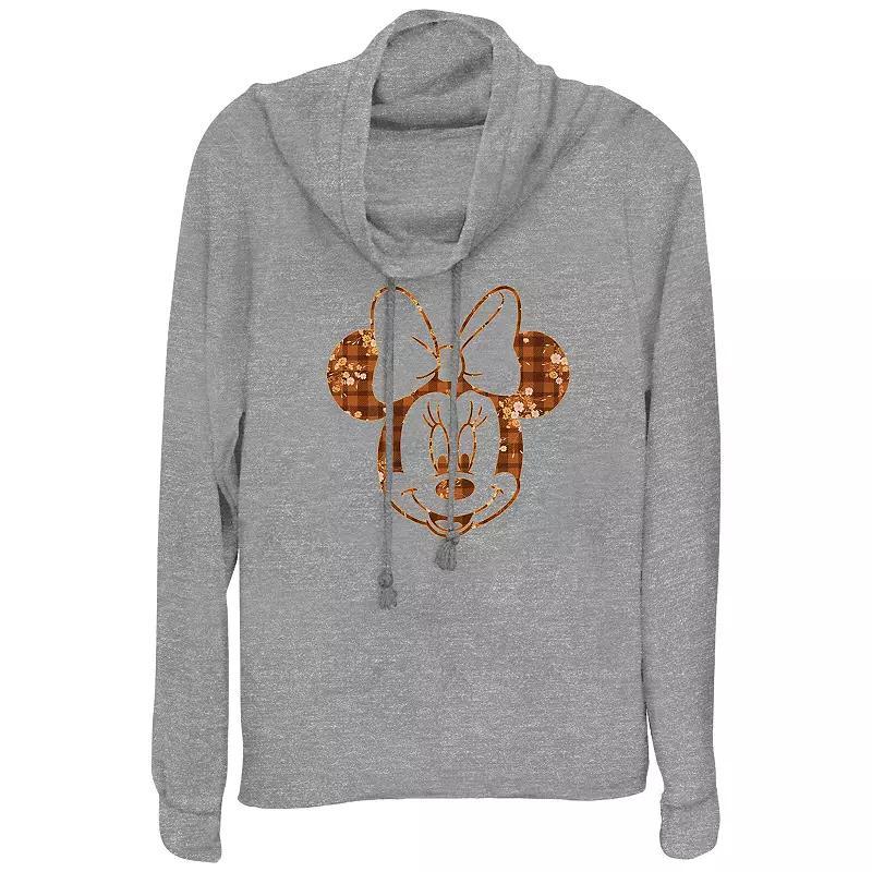 Disney's Minnie Mouse Plaid Floral Print Women's Cowlneck Graphic Lightweight Long Sleeve, Size: Small, Gray Grey Product Image