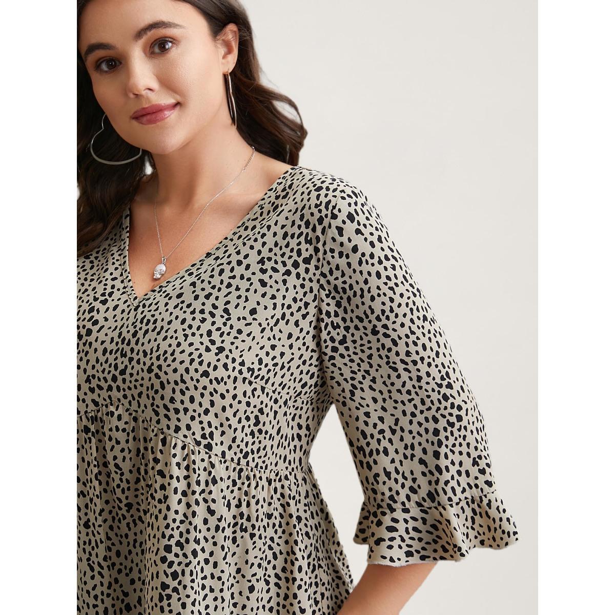 Plus Size Champagne Leopard Print Ruffled Detail V-Neck Blouse Women Casual Elbow-length sleeve V-neck Everyday Blouses BloomChic 10/M Product Image