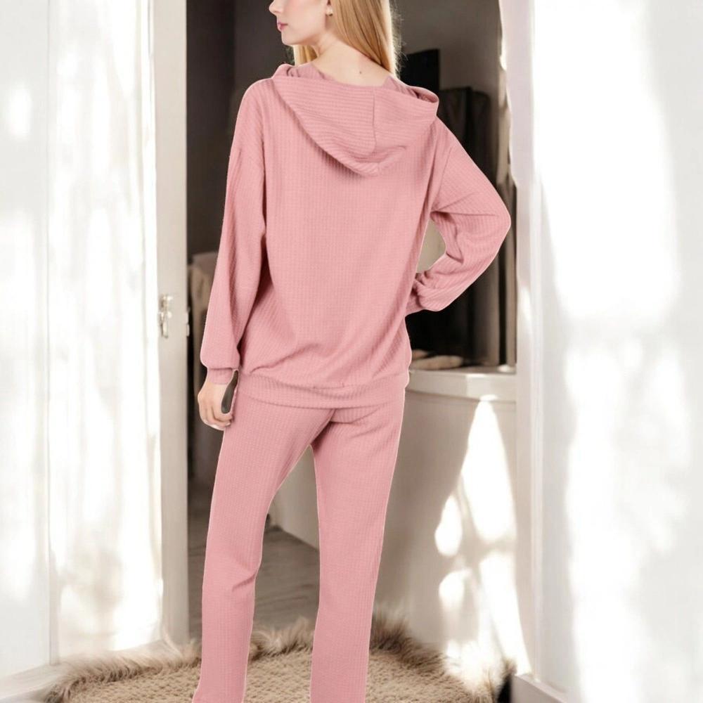 Anna-Kaci Women's Waffle Knit Hoodie Lounge Set with Front Pocket and Relaxed Fit Pants - Large, Mauve Pink Product Image