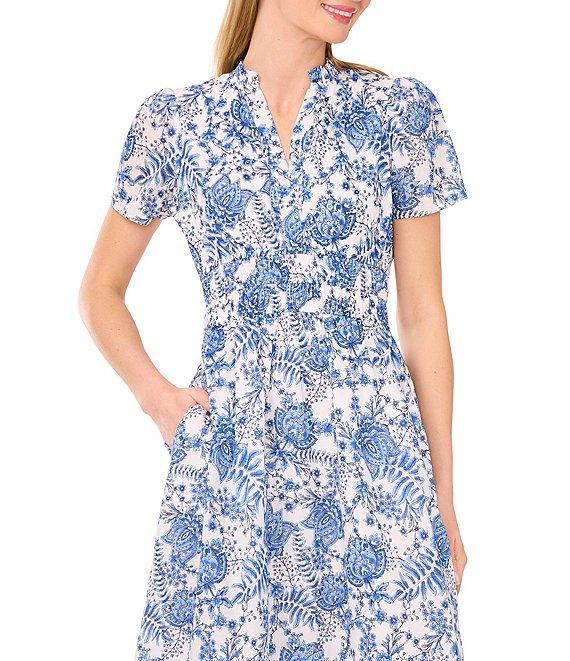 CeCe Woven Printed Split Round Neck Short Sleeve Maxi A-Line Dress Product Image