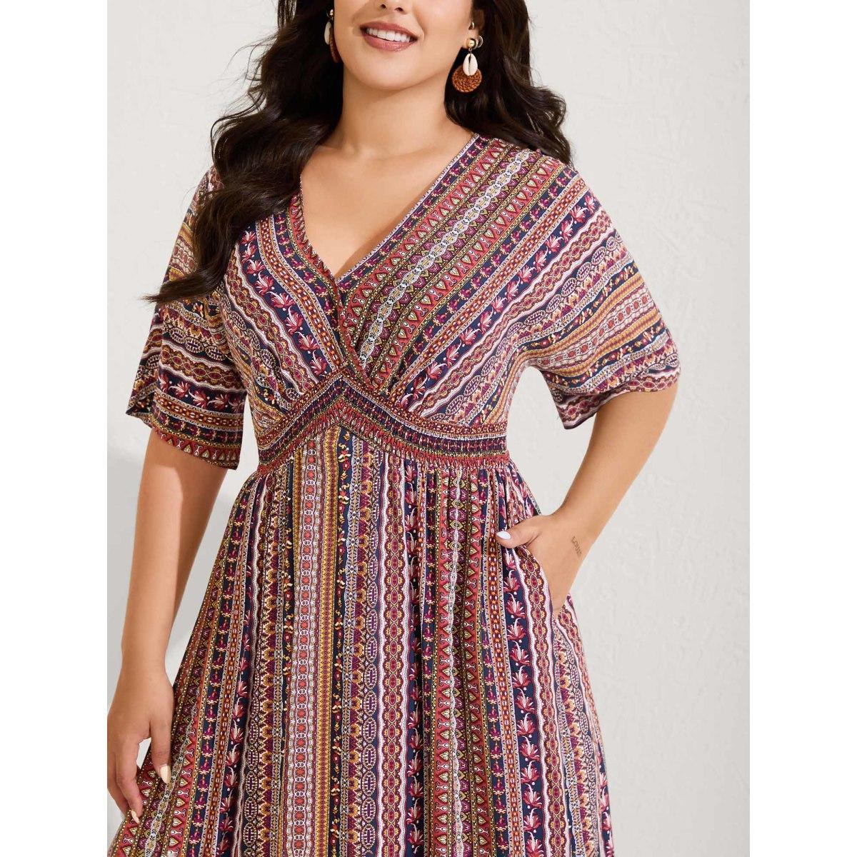 Plus Size Striped Contrast Dolman Sleeve Shirred Pocket Split Flutter Dress Navy Women Resort Non V-neck Half Sleeve Curvy BloomChic 26/4X Product Image