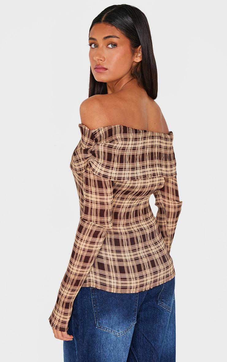 Brown Chiffon Plisse Check Bardot Long Top Product Image