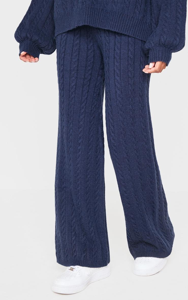 Navy Cable Knit Wide Leg Pants Product Image