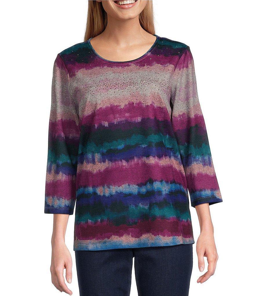 Allison Daley Embellished Painted Stroke Stripe Print 3/4 Sleeve Crew Neck Knit Top Product Image