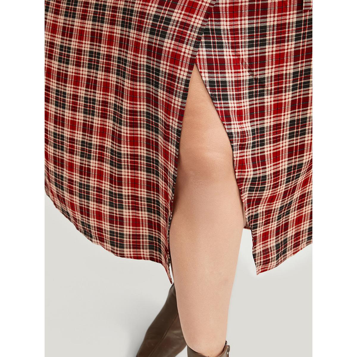 Plus Size Tartan Wrap Lantern Sleeve Pocket Knotted Split Dress Maroon Women Elegant Knotted V-neck Long Sleeve Curvy Midi Dress BloomChic 10/M Product Image
