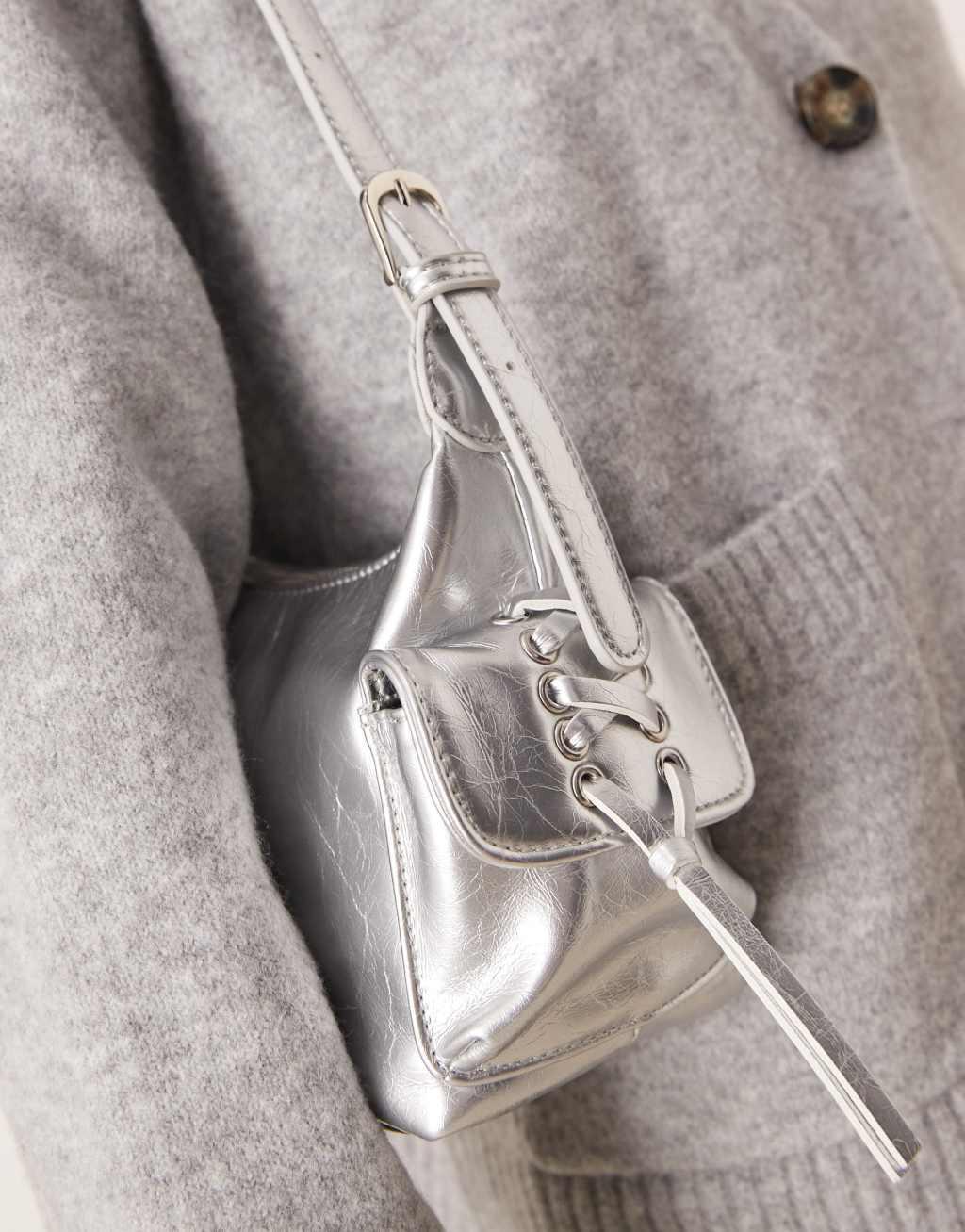 Glamorous pocket detail shoulder bag in metallic silver Product Image