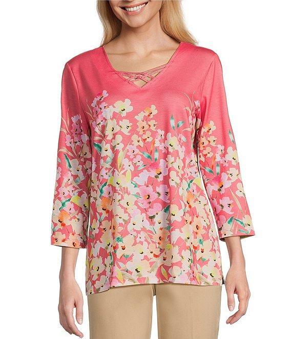 Allison Daley Living Floral Print 3/4 Sleeve Criss Cross V-Neck Knit Top Product Image