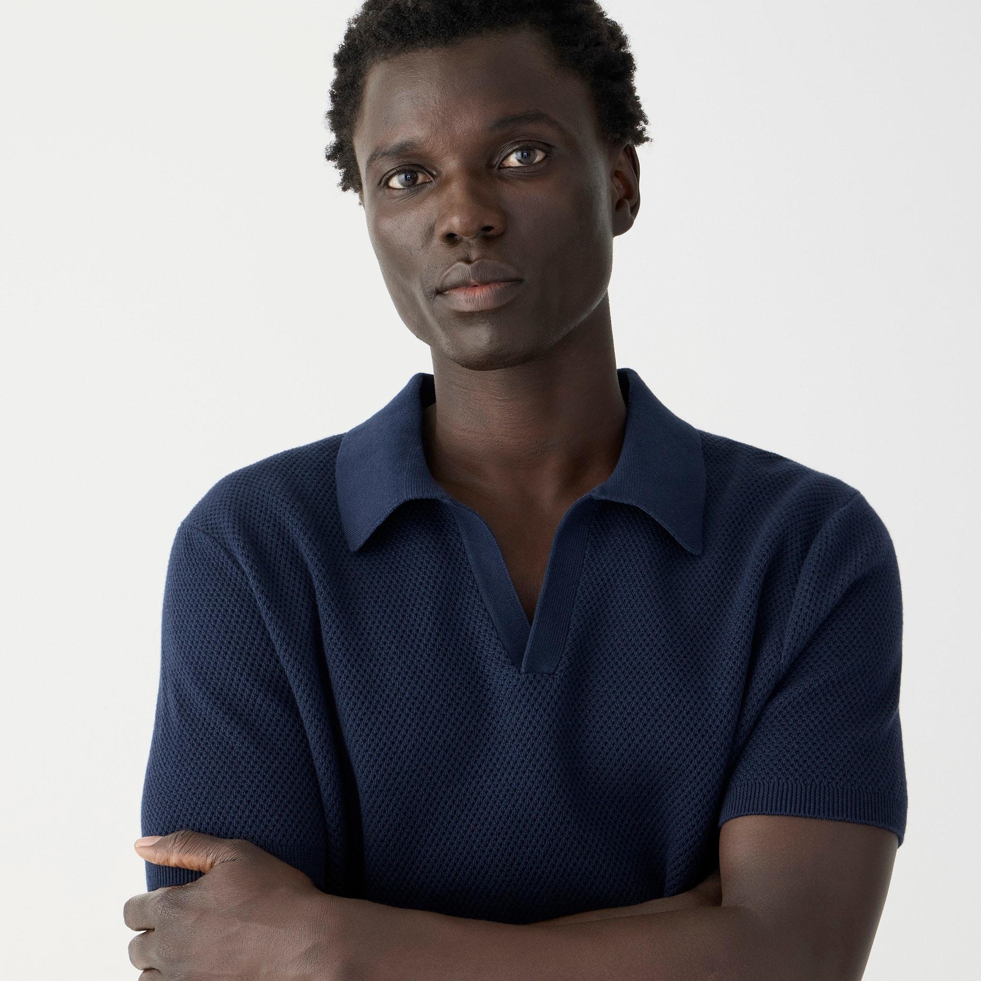 Short-sleeve cotton mesh-stitch johnny-collar sweater-polo Product Image