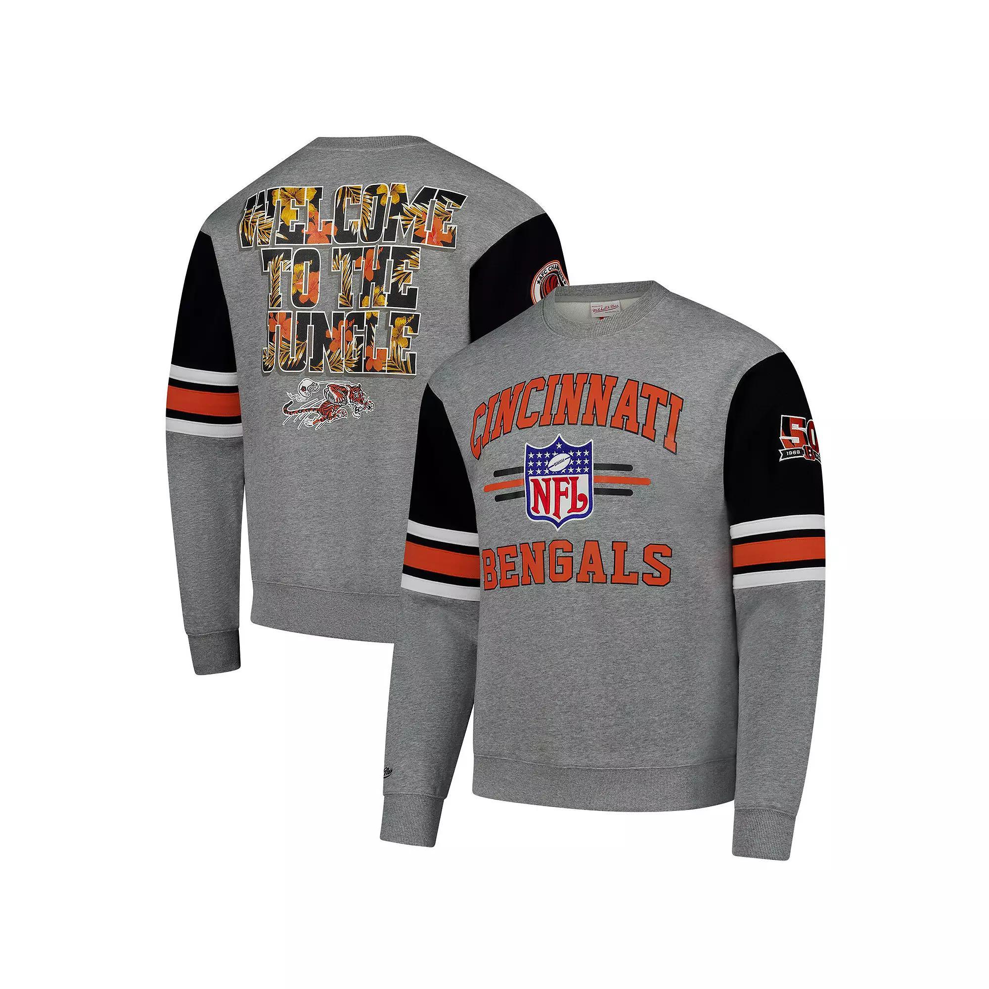 Men's Mitchell & Ness Heather Gray Cincinnati Bengals All Over 4.0 Vintage Logo Pullover Sweatshirt, Size: 3XL, Grey Product Image
