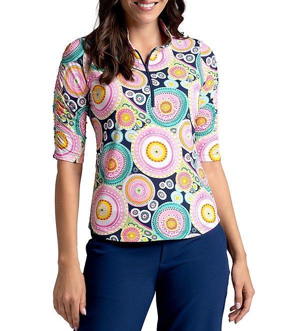 IBKUL Leona Print 1/4 Zip Mandarin Collar Ruched Elbow Sleeve Top Product Image