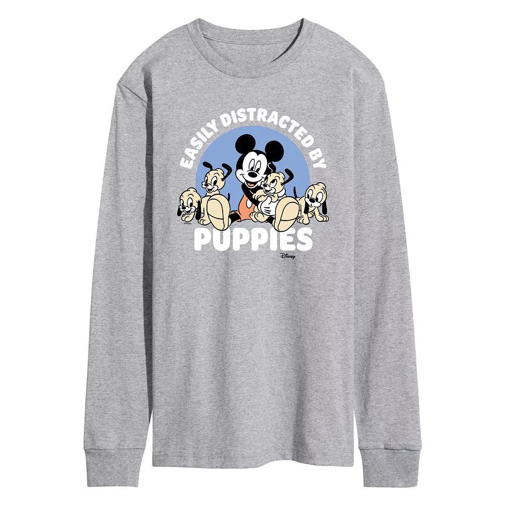 Disneys Mickey Mouse Mens Easily Distracted By Puppies Long Sleeve Graphic Tee Product Image