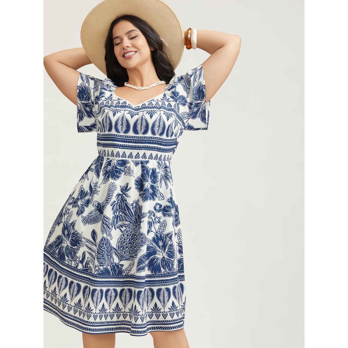 Plus Size Boho Print Fit Flare Pockets Midi Dress DarkBlue Women Resort Non Heart neckline Short sleeve Curvy BloomChic 30/6X Product Image