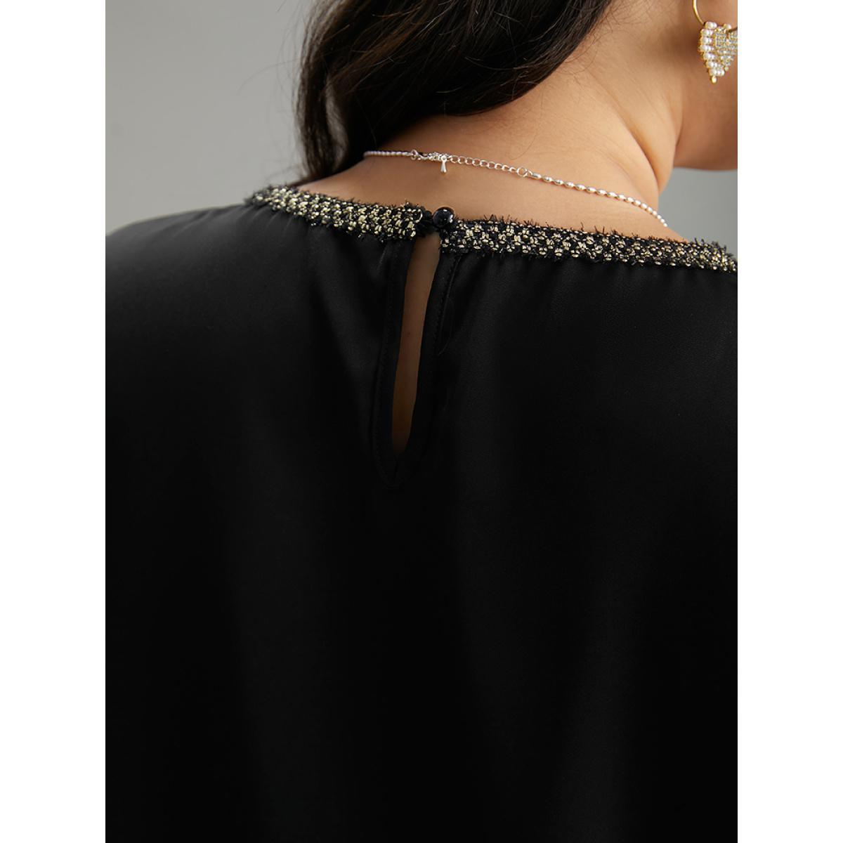 Plus Size Black Plain Contrast Webbing Crew Neck Blouse Women Office Long Sleeve Round Neck Work Blouses BloomChic 10/M Product Image