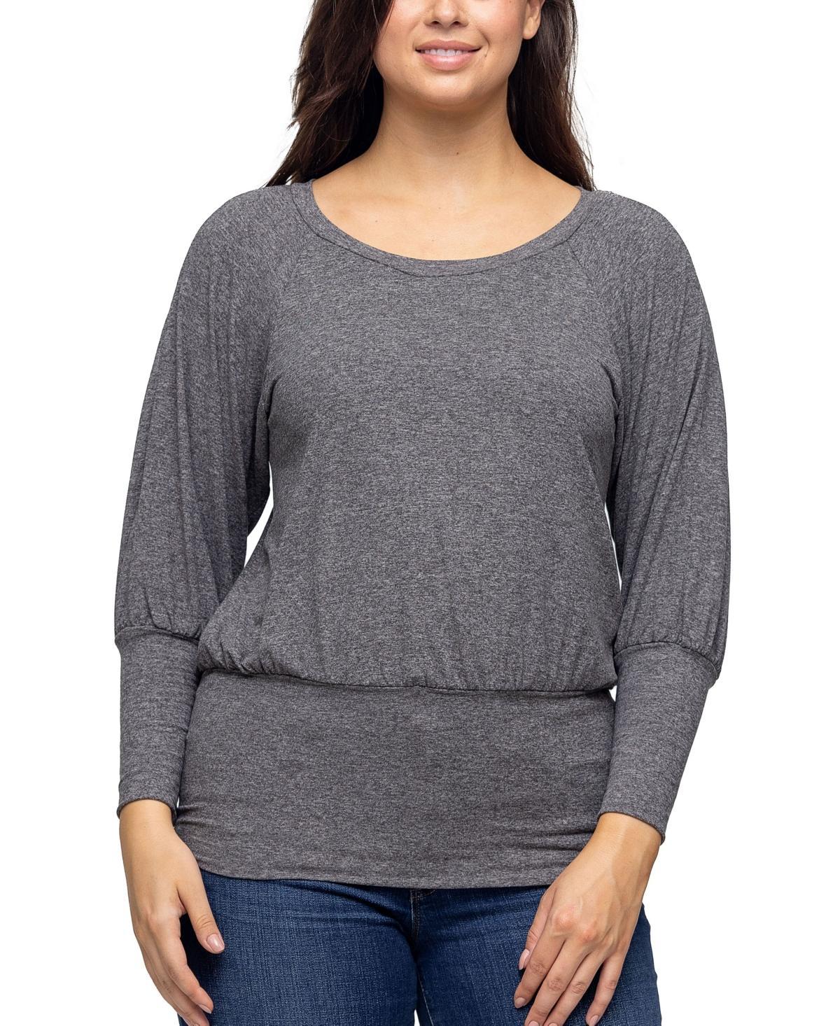Women's 24Seven Comfort Apparel Round Neck Long Blouson Sleeve Banded Bottom Top, Size: Medium, Grey Product Image