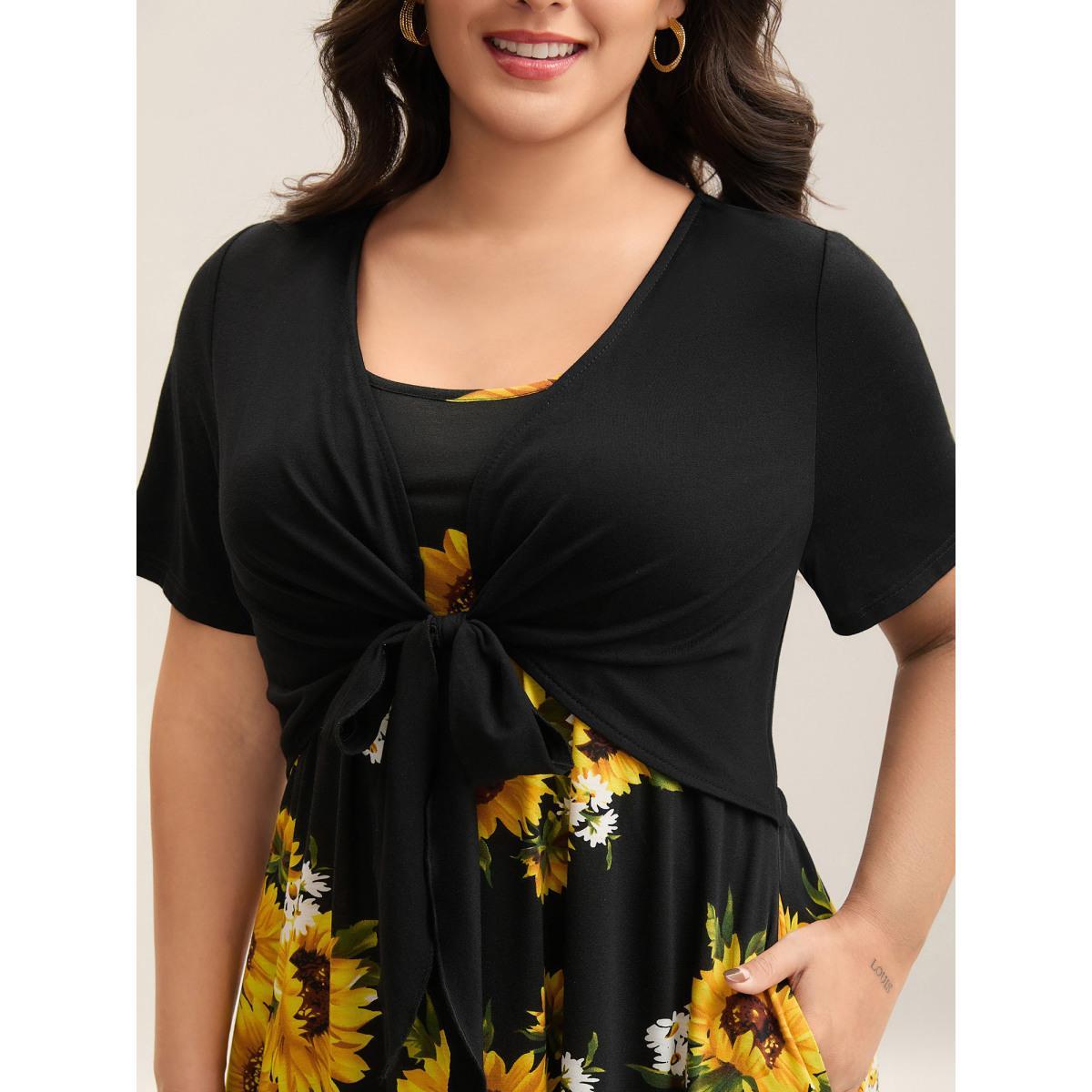 Plus Size Sunflower Print Knotted Front Pockets Midi Dress Black Women Elegant Tie knot Knit Dresses Bloomchic 22-24/3X Product Image